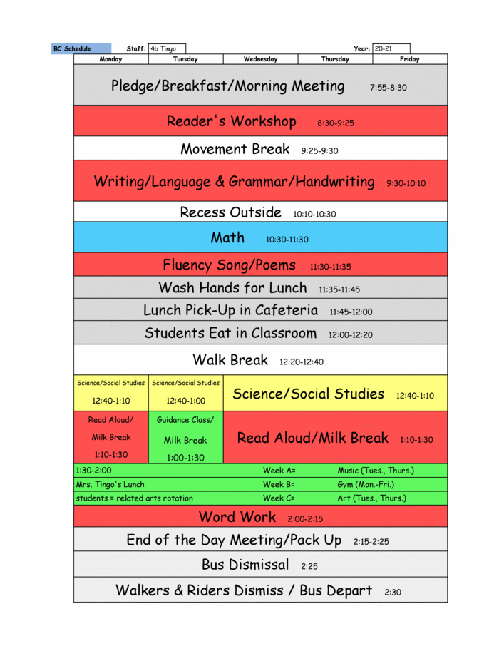 2020-21 Mrs. Tingo's Schedule